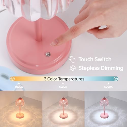 Shenmoyl Rechargeable Table Lamp with 5200mAh Battery & Touch Control - 3 Adjustable Color Temperatures, Cordless Dimmable Table Light for Bedroom, Office Desk, Nightstand (Clear Pink,Pink Base) - Image 3