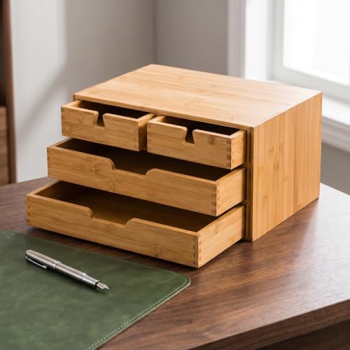 DEAYOU Bamboo Desk Organizer, 100% Natural Bamboo Desktop Drawer Organizer, Tabletop Storage Cabinet Organization Box with 4 Drawers for Makeup, Letter, Home Office Supplies, 3-Layer, Fully Assembled - Image 4
