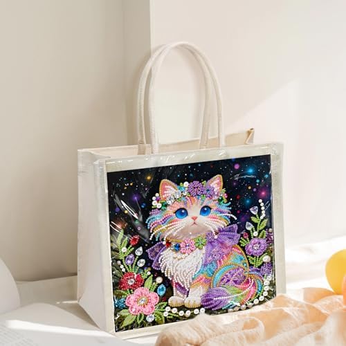 Xylzzuit DIY Pearl Painting Canvas Tote Bag Kit 11.42IN Diamond Art Handbag for Women Shopping Grocery Bag Dots Beads Art Craft Gift (Cat) - Image 2