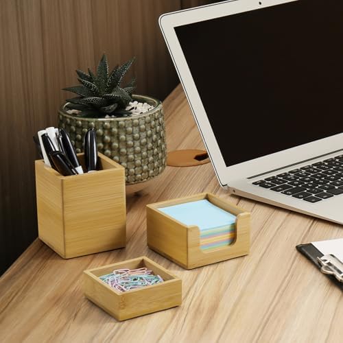Desk Organizer Set of 3 - Bamboo Office Desk Accessories - Desk Organizers and Accessories for Women Men - Set incl. Pencil Pen Holder, Paperclip Storage and Sticky Note Holder - Image 4