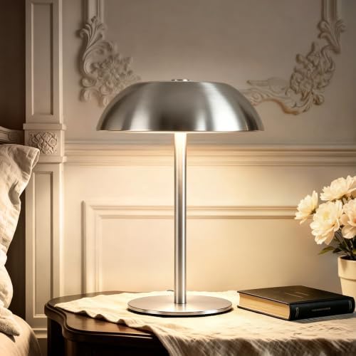 Portable LED Mushroom Table Lamp, 24H Cordless Metal Night Light with Rechargeable Battery, Stepless Dimmable 3 Colors Desk Lamp for Bedroom Bar Coffee Shop(Brushed Silver) by Unknown