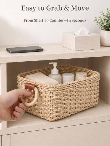 Small Wicker Baskets, 3 PCS Paper Rope Baskets for Shelves, Beige - Image 5