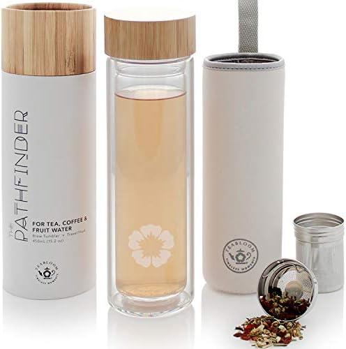 Teabloom All-Beverage Tumbler – 15 oz / 450 ml – Tempered Glass Travel Bottle – Hot and Cold Tea Infuser – Cold-Brew Coffee – Fruit-Infused Water – Tea Tumbler – The Pathfinder by Teabloom
