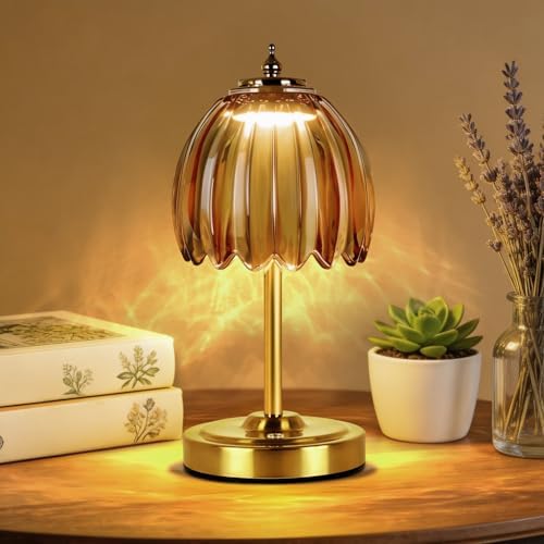 WERFOP Cordless Rechargeable Glass Flower Table Lamp (Amber) by WERFOP