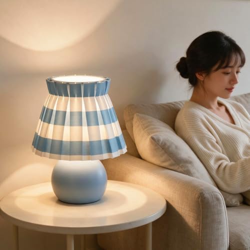 Ziqqeelam Blue White Plaid Small Bedside Table Lamp, Round Blue Base Nightstand Lamp, Cute Mini Table Lamp with Pleated Shade for Bedroom, Kitchen Counter, Bookshelf, Living Room, Kids Dorm - Image 5