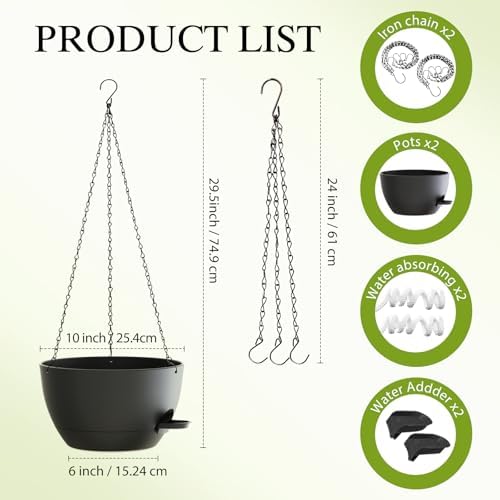 10 Inch Hanging Baskets 2 PC with Chains, Self-Watering Hanging Planters for Indoor Outdoor Plants, Plastic Hanging Flower Pots,Black - Image 2