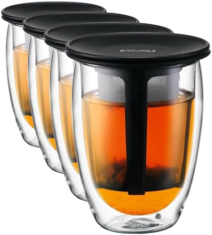 Bodum 12oz Tea Strainer w/Lid, Double Wall, High-Heat Borosilicate Glass, Black (Pack of 4) by Bodum