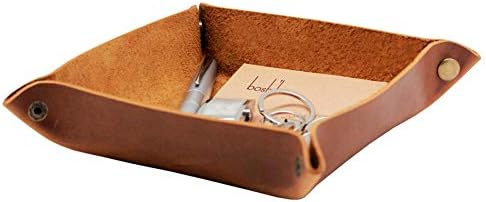 boshiho Valet Tray for Men, Leather Jewelry Catchall Key Phone Coin Box Change Caddy Bedside Storage Box (Light Brown) - Image 2