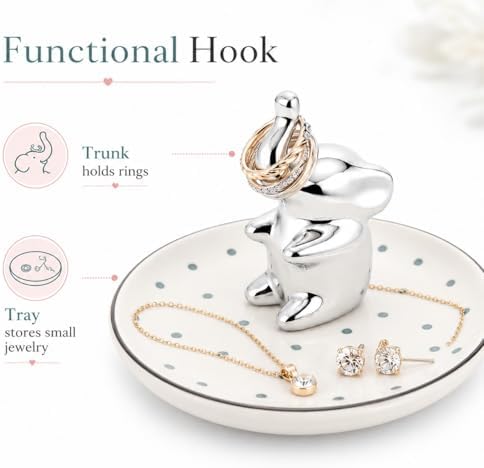 Ring Holder Jewelry Dish Elephant Ceramic Trinket Tray for Rings Earrings Necklace Bracelet Keys, Silver Elephant Jewelry Organizer Dish for Vanity Nightstand Bathroom Countertop - Image 2