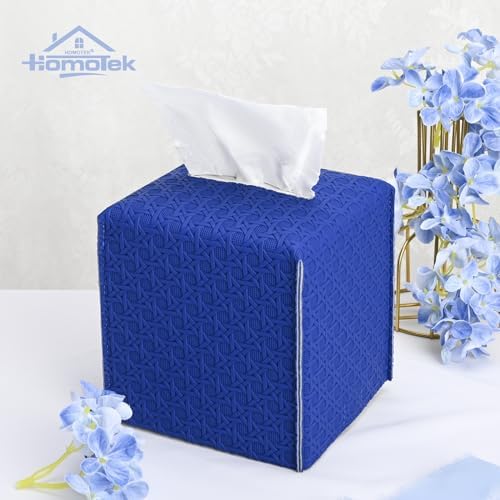 HOMOTEK 2 Pack Tissue Box Cover, Square PU Leather Tissue Holder, Decorative Facial Tissue Cube Paper Organizer Dispenser for Bathroom, Night Stands, Desk, Car 5X5X5'' - Rattan Weave,Blue - Image 5
