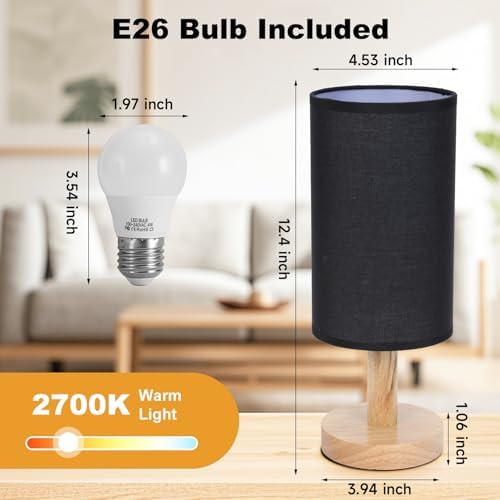 Black Small Bedside Table Lamp for Bedroom,Natural Round Wood Base&Fabric Linen Shade,Cozy Night Table Light for Study Reading,Minimalist Boho Desk Lamp for Nightstand,Living Room,Nursery,Kitchen,Dorm - Image 4