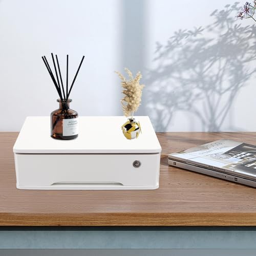 1-Tier Desktop Storage Box with Lockable Drawer, Wooden Desk Organizer for Office Supplies, Flat File Cabinet, Minimalist Design for Home & Office Use(White) - Image 5