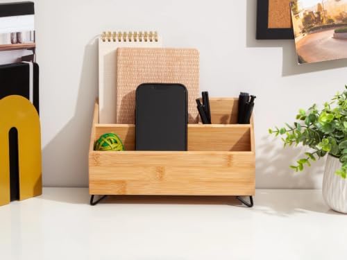 Bamboo Desk Organizer 3 Compartments 10x4.8x6 Inch Wood Tone - Image 2