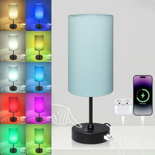 Unicozin Table Lamp for Bedroom, 3 Color Temperatures, 7 RGB Colors, Adjustable Brightness, Dual USB Charging Ports, Ambience Nightstand Light with Blue Shade, Desk Lamp for Kids Reading Home Office by Unicozin