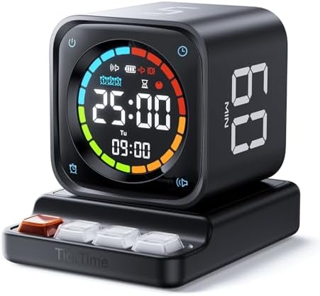 TK3 Pomodoro Timer Cube, Desk Productivity Timer with 5/10/30/60 Min Presets, Custom Countdown, Stopwatch, Clock, 3 Alarm, Silent, Vibrate & Sound Alert, for Task, ADHD, Study, Kitchen, Black by TickTime