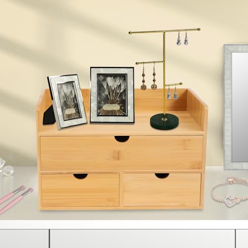 Premium Natural Bamboo Desktop Organizer, Attractive Design 3 Tier, Table Top Storage for Documents & Office Supplies, Accessories And More, No Assembly Required (3 Drawer with Shelf) - Image 3