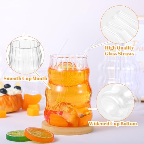MAQUITA 4 Pcs Ribbed Glass Cups with Glass Straw, Cute Aesthetic Vintage Drinking Glasses, Wave Shape Design Bubble Cups for Iced Coffee Juice Cocktails Tea Milk - Image 4