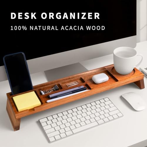 Linwnil Natural Wood Desk Organizer - Multi-Compartment Wooden Organizers for Home, Office, Cubicle Accessories - Table Caddy for Desktop and Workspace - Pencil Storage Tray - Image 3
