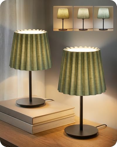 Small Bedside Table Lamps Set of 2, Dimmable Table Lamps with 3 Adjustable Color Temperatures, Nightstand Lamps with 2 Bulbs, E26 Base, for Bedroom, Study, Desk, Green and Black J15TLP205 by GOEBLESON