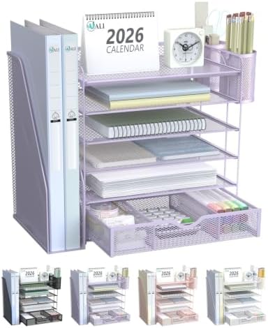 WALI Desk File Organizer, 6 Tier Desktop Paper Letter Tray Organizer with Drawer and 2 Pen Holders, Office Desk Accessories & Workspace Organizers for Office, Home Supplies(DO007DH-V), 1 Pack, Purple by WALI
