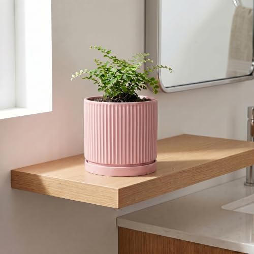6 Inch Ceramic Flower Pots, Round Plant Pots with Saucer, Pink - Image 3