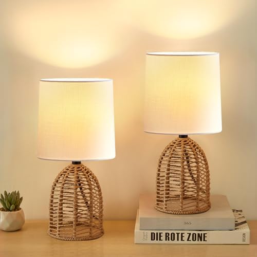 EJIAXIN Rattan Lamp Boho Lamps Set of 2-13.75" Mini Farmhouse Table Lamp Rustic End Table Decorative Small Lamps for Small Spaces Bedroom Nightstand Living Room Reading Desk Side Table Lamp by WelcometoEJIAXIN