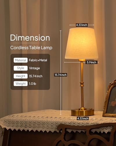 EppieBasic Cordless Table Lamp Rechargeable: Fast Charging & Long Lasting - 2700K Warm Light Small Vintage Gold Lamps - Dinning Living Room Bedroom - Beige Shade - Image 7