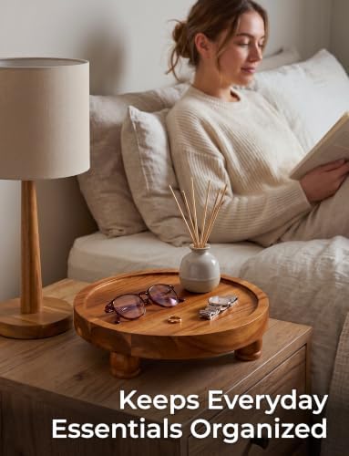 Demigo Acacia Wood Round Tray, 10 in Pedestal Riser Stand for Plant Decor - Image 6