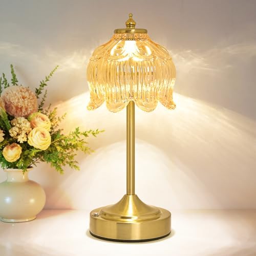 Cordless Table Lamp, Rechargeable Amber Glass Lotus Flower Lamp by Unknown