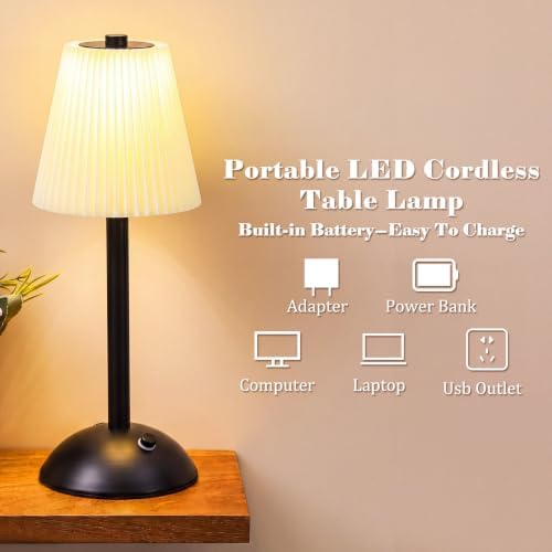 Liliful 2 Pcs Cordless Table Lamp LED Touch, Black, Beige Cloth Style - Image 3