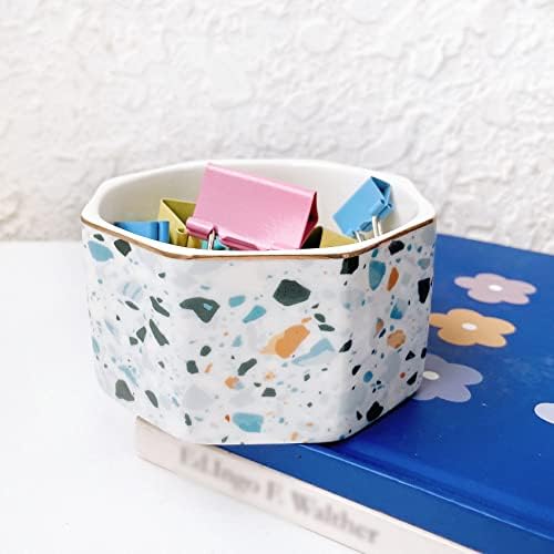 Ceramic Paper Clip Holder Gold Line Paper Clip Dispenser Organizer for Desk Cute Terrazzo Marble Pattern Office Binder Clip Holder Bobby Pin and Hair Clip Holder Gift for Office Blue - Image 2