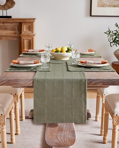 ZeeMart Linen Checked Farmhouse Table Runner, 13x36 Inches Olive - Image 2