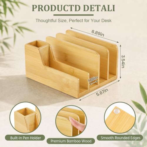Novabright Bamnoo Wood Mail Organizer with Pen Holder, 5 Slot Desk File Organizer, Wooden Letter Sorter for Desk, Compact Desktop Document Holder for Home Office Storage Back to School - Image 2