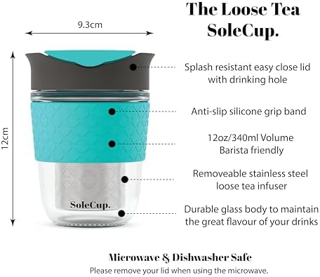 Travel Mug Loose Tea Infuser - Detachable Tea Strainer with Spillproof Lid - BPA-Free Reusable Glass Travel Coffee Cup with Silicone Band (Gray and Blue, 12oz) - Image 2