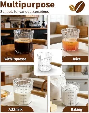 Espresso Measuring Cup 5 Oz, Espresso Glass Cups with Wood Handle, Milk Frothing Cup, Espresso Cup for Coffee, Milk, Tea or Maple Syrup Serving (Transparent, 5 oz) - Image 7