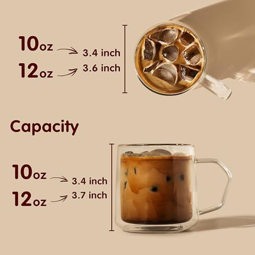 Double Wall Glass Coffee Mugs with Handle, 12oz Insulated Borosilicate Clear Cups for Latte Cappuccino Espresso Tea, Set of 4 - Image 3