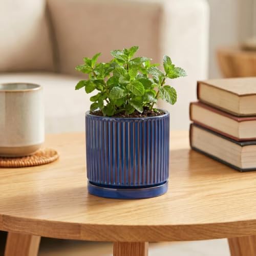 4 Inch Pots for Plants, Ceramic Plant Pots with Saucer, Retro Blue - Image 4
