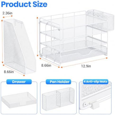 OPNICE Desk Organizers and Accessories, 4-Tier Desktop File Organizer with Drawer and Pen Holders, Office Desk Accessories Workspace Organizers for Office Supplies (Soft White) - Image 4