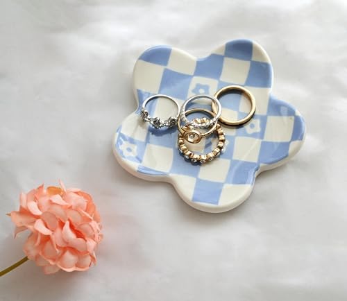 Blue Checkered Jewelry Dish, Ceramic Flower Trinket Tray for Rings & Earrings, Trendy Teen Girls Birthday Gifts, Aesthetic Room Decor for Nightstand Vanity Bathroom Sink & Dorm Desk, 3.8" - Image 2