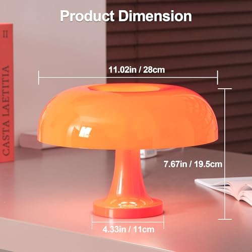 Orange Bedside Lamp for Bedroom Nightstand, Retro Mushroom Table Lamp with 3 Lighting Color and 10 Brightness Level, Desk Lamp for Reading Room/Office/Dorm(W11'' x H7.67'', USB Powered) - Image 5