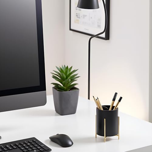 Sturdy Pen Holder Simple and elegant for Desk Matte Pencil Holder Ceramic Cute Desktop Organizer Brush Holder Cup (Black and Gold Plated) - Image 2