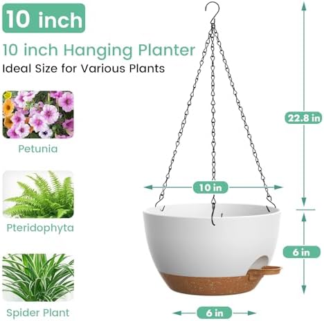 UOUZ Set of 3-10 Inch Self Watering Hanging Planters for Indoor Outdoor，Hanging Plant Pots with Drainage & Removable Tray, Hanging Pots Holder for Pothos Plant, Ferns, Balcony & Patio,White with Brown - Image 3