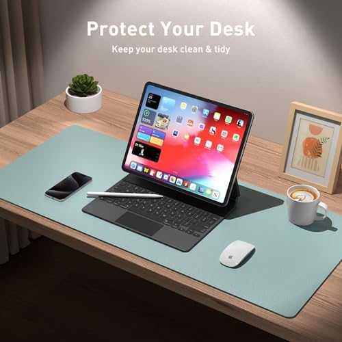 Aothia Leather Desk Pad Protector, Mouse Pad, Office Desk Mat, Non-Slip PU Leather Desk Blotter, Laptop Desk Pad, Waterproof Desk Writing Pad for Office and Home (48"x17", Light Blue) - Image 3