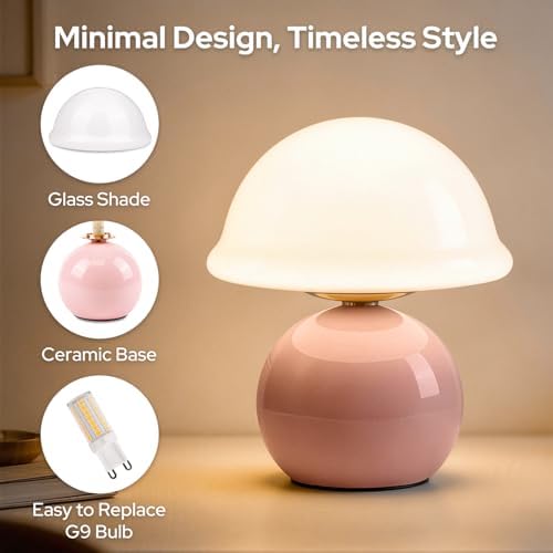 Glass Mushroom Lamp, Dimmable Bedside Table Lamp (Pink) - Image 6