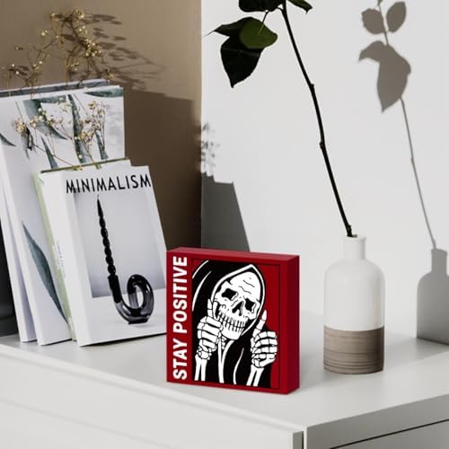 Halloween Decoration Gothic Skull Decor - Stay Positive Skulls Sign for Home Office Desk Accessories - 5 x 5 Inches (Red) - Image 4