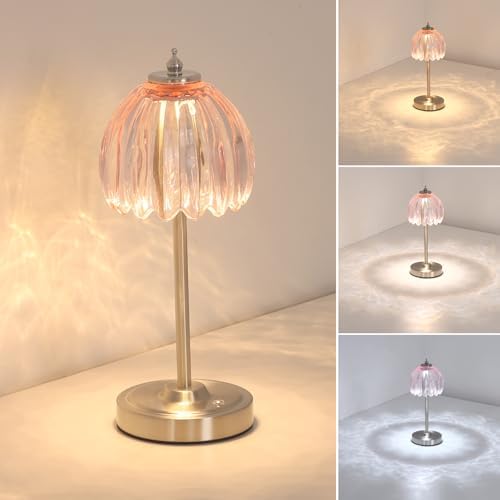 Shenmoyl Tulip Table Lamp with 5200mAh Battery & Touch Control, Cordless Small Table Lamp with 3 Colors, Dimmable Rechargeable Table Lamps for Living Room, Bedroom, Desk, Bedside (Clear Pink Tulip) by Shenmoyl