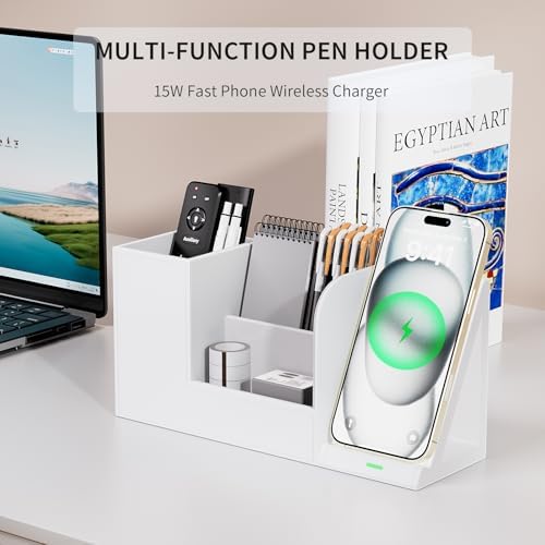 Multi-Functional Pencil Holder for Desk, Desk Organizers and Accessories with 4 Compartments for Office Art Supplies,Desk Phone Stand Charger for Desktop/Counter,Wihte Office Storage for Pens, Keys - Image 2
