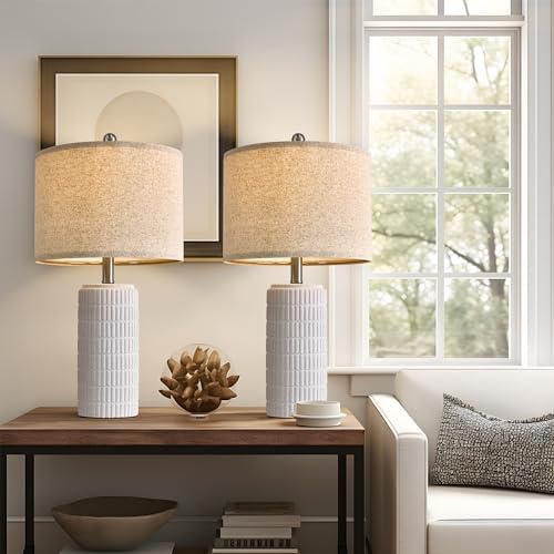 PoKat 23" Table Lamp, Farmhouse Bedside Lamps for Bedroom Set of 2, Ceramic End Table Lamps for Living Room, Traditional Nightstand Desk Lamps, Frosted White Lamps, Medium by Pokat