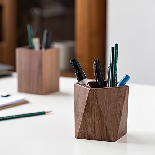 Black Walnut Wooden Pencil Box, Multiple-Use Desk Writing Stationary Organizer Wood Pen Holder Cups Office School Supplies Storage (Prismatic Shape) - Image 2