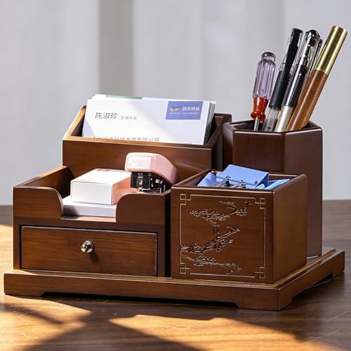 Bamboo Desk Organizer with Drawer, Wood Pen Holder & Card Slot, Brown by GroveMindooOfficeStorage